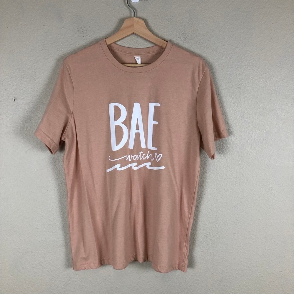 Bae Watch Cropped Tee Shirt Womens Large Pink Spellout Casual Pullover Casual